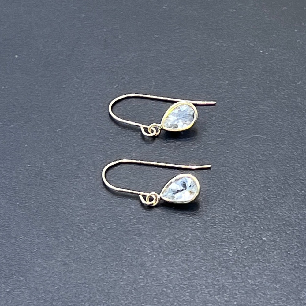 CH 14k Yellow Gold Bezel Aquamarine Teardrop Faceted Open Back Earrings March